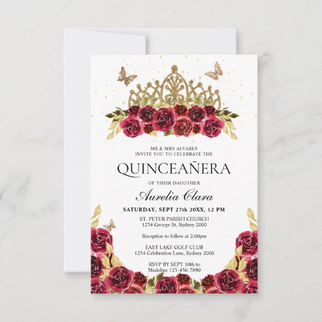 BUDGET Elegant Red Blommigt Guld Tiara Quinceanera Anteckningskort (Framsida)