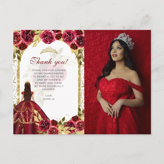 Budget Elegant Red Blommigt Photo Quinceañera Vykort (Framsida)