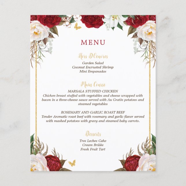 Budget Elegant Röd Blommig Quinceañera Meny (Framsida)