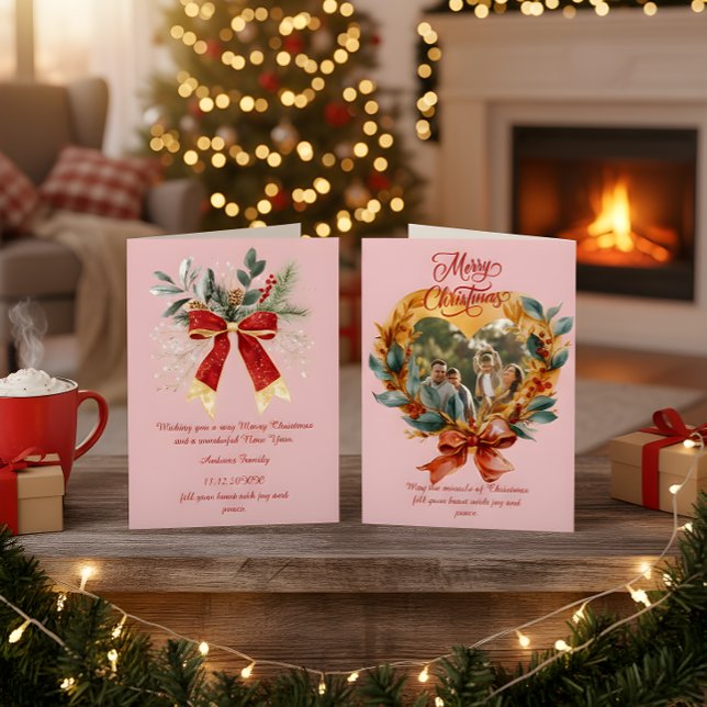 Budget Elegant Röd Rosett Jul Foto Högtid Julkort (Skapare uppladdad)