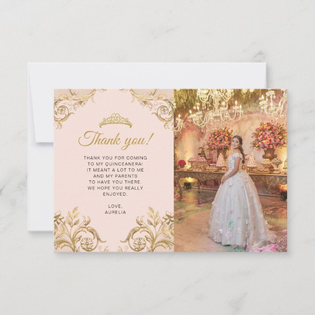 BUDGET Elegant  Rosa Guld Photo Quinceañera Anteckningskort (Framsida)