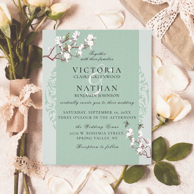 BUDGET Elegant Sage Chinoiserie bröllopsinbjudan Flygblad (Skapare uppladdad)