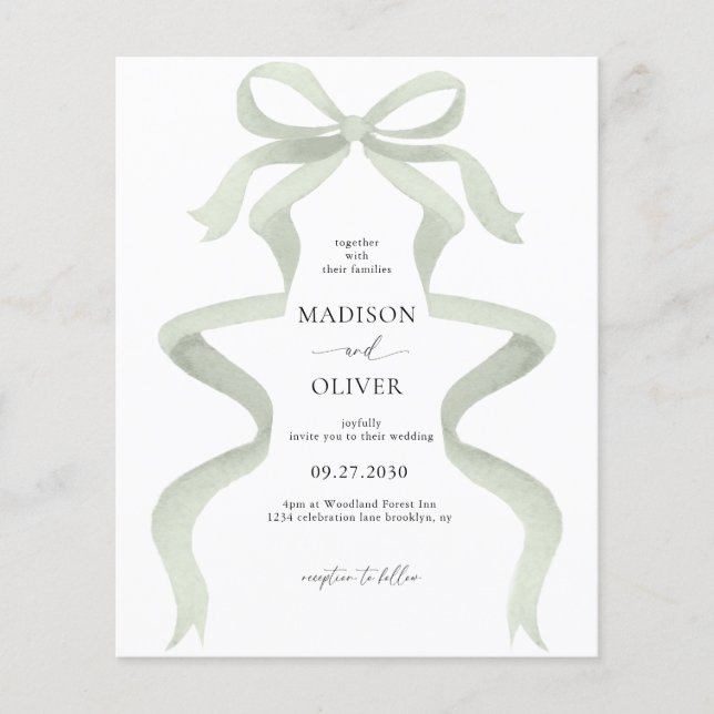 BUDGET Elegant Sage Grönt Bow Monogram Bröllop (Framsida)