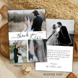 Budget Elegant Script Collage Bröllop Tack Flygblad<br><div class="desc">Budget, Modern, Elegant, minimalistisk hand, Bröllop Photo Collage Tack personlig till ett rimligt pris för lågbudgetflygare. Snyggt bröllop tackar dig för en papper mall med tre (3) foto på framsidan och ett (1) foto på baksidan. Med texten "tack" i ett snabbt och välskrivet typsnitt för typografi i svart på vit...</div>