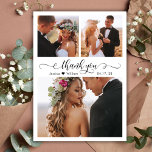 Budget Elegant Script Collage Bröllop Tack Vykort<br><div class="desc">Budget Modern Elegant Script 3 Photo Collage Bröllop Tack Postard. Minimalistiskt tack för bröllop, med tre (3) foto på framsidan och ett (1) foto på baksidan. Med "Tack"-texten i ett snabbt, stavat typsnitt byts svan ut mot i svart färg mot vit bakgrund. Litet hjärtmotiv mellan namn. Anpassa eget namn och...</div>