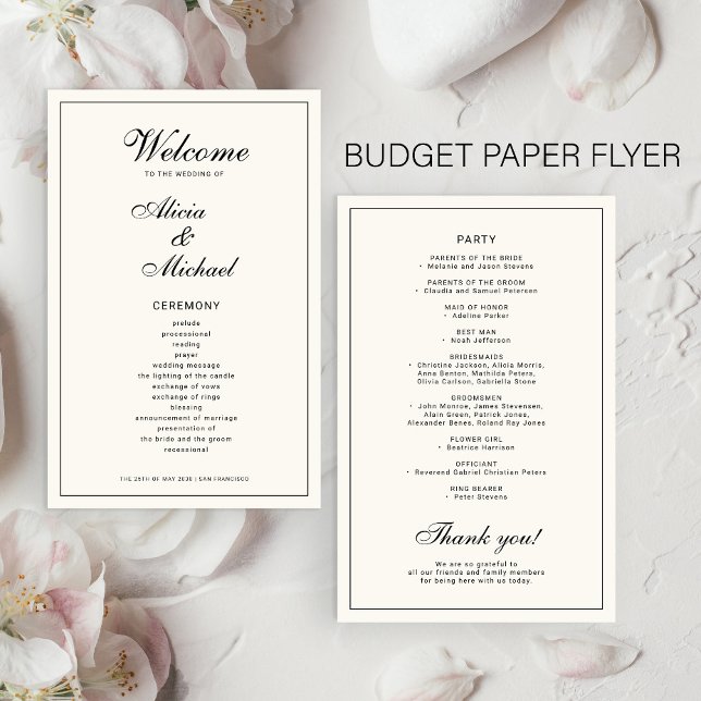 Budget elegant simple black ivory wedding program (Skapare uppladdad)