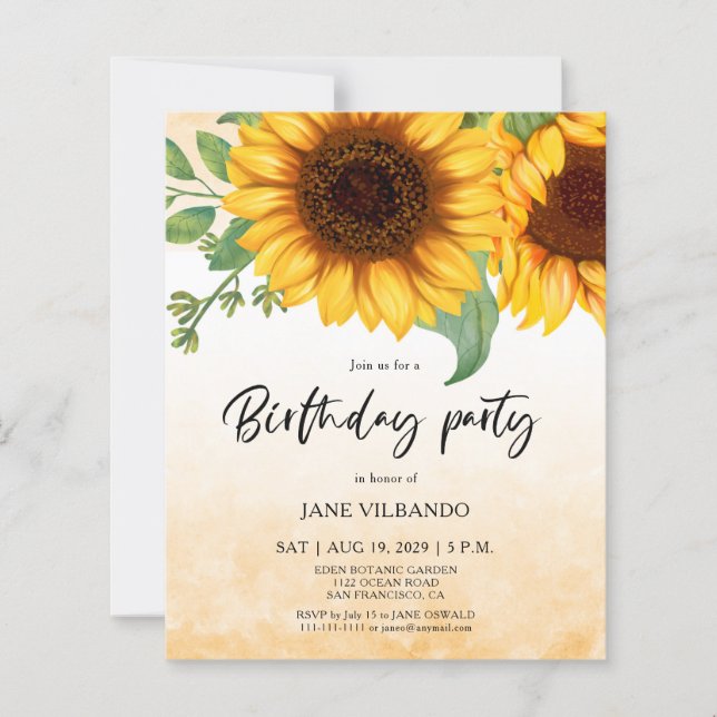 Budget Elegant Sunflower Birthday Party Invitation (Framsida)