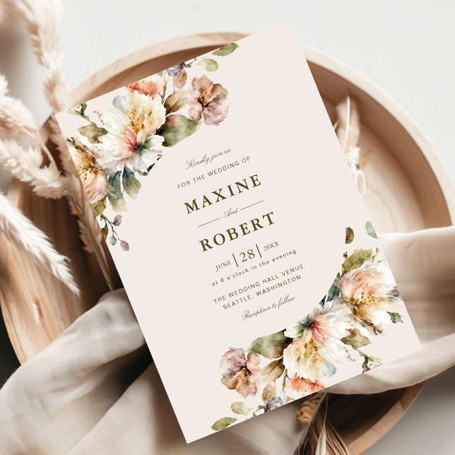 Budget Elegant Vintage Blommig Botanisk Bröllop Inbjudningar (Budget elegant vintage floral botanical wedding invitation with timeless countryside charm.)