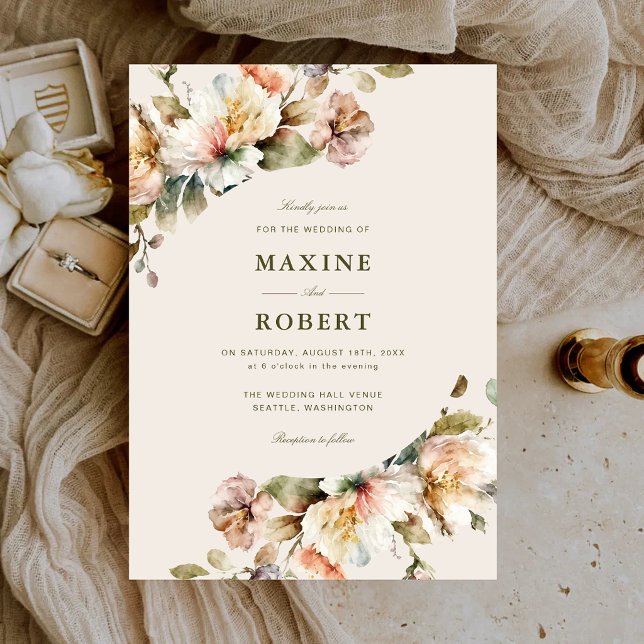 Budget Elegant Vintage Blommig Botanisk Bröllop Inbjudningar (Budget elegant vintage floral botanical wedding invitation with soft watercolor charm.)