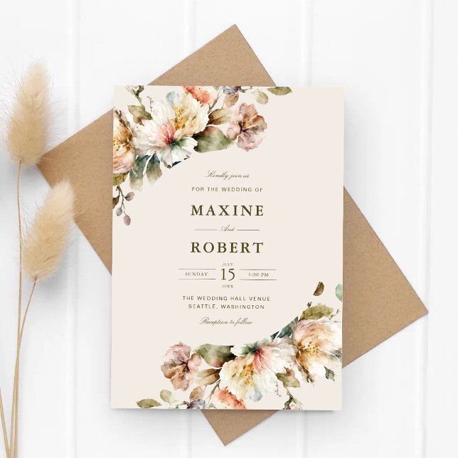 Budget Elegant Vintage Blommig Botanisk Bröllop Inbjudningar (Budget elegant vintage floral botanical wedding invitation with romantic garden charm.)