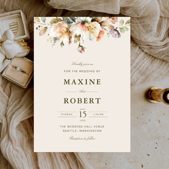 Budget Elegant Vintage Blommig Botanisk Bröllop Inbjudningar (Budget elegant vintage floral botanical wedding invitation with timeless rustic charm.)