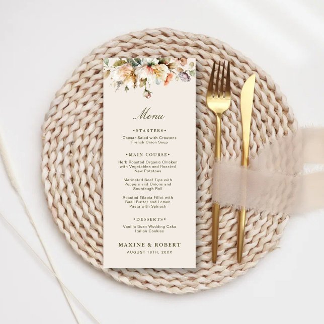 Budget Elegant Vintage Blommig Botanisk Bröllop Meny (Budget vintage floral wedding menu with timeless botanical elegance.)