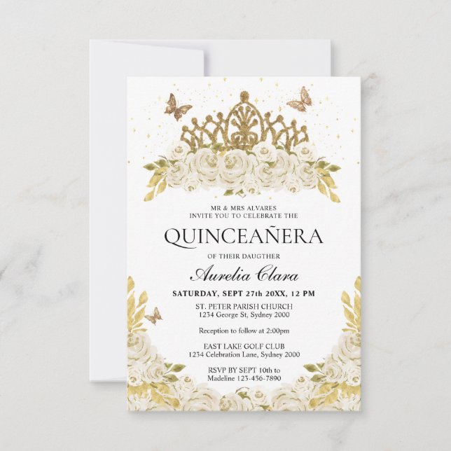 Budget Elegant White Blommigt Guld Tiara Quinceane Anteckningskort (Framsida)