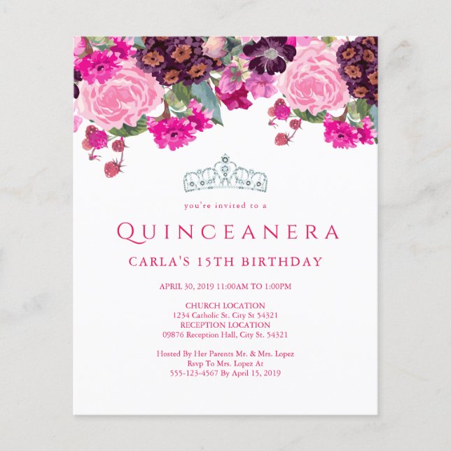 Budget Eleganta Blommiga Quinceanera-inbjudningar (Framsida)