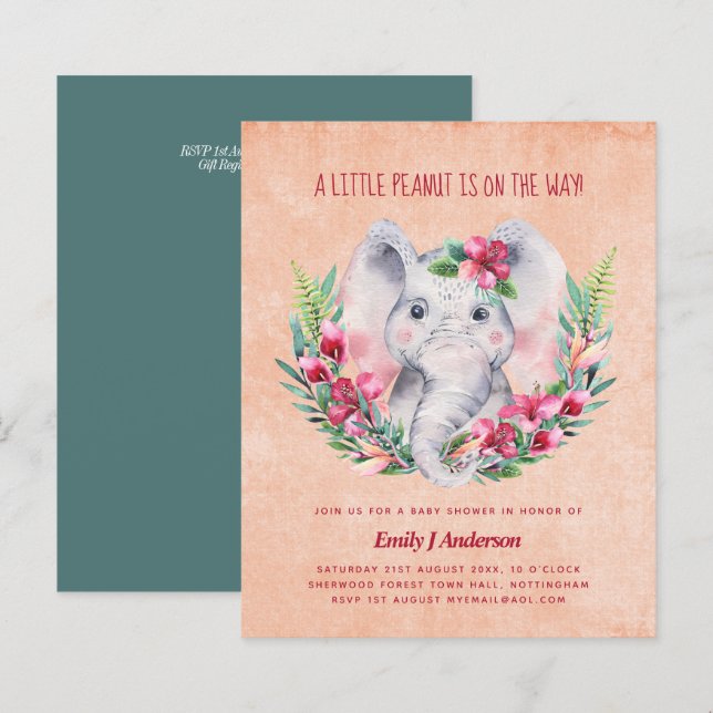 BUDGET Elephant Baby Shower Inbjudan Safari (Fram/baksida)