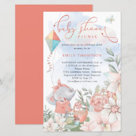 Budget Elephant Blommigt Baby Shower Picnic Inbjud