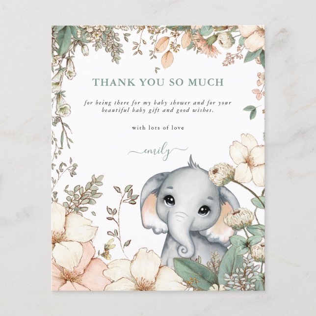 Budget Elephant Blommigt Sage Baby Shower Tack (Framsida)