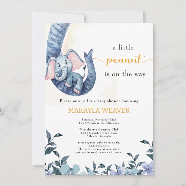 Budget Elephant Blue peanut Baby Shower Inbjudningar (Framsida)