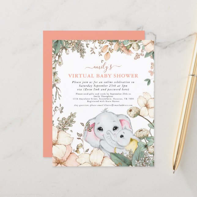 Budget Elephant Coral Virtuell Baby Shower Inbjuda (Fram/Back In Situ)