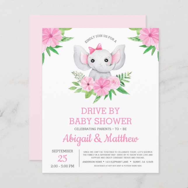 BUDGET Elephant Drive by Baby Shower-inbjudan (Fram/baksida)