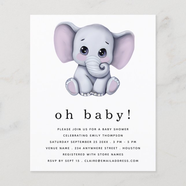 Budget Elephant Gender Neutral Baby Shower Inbjuda (Framsida)
