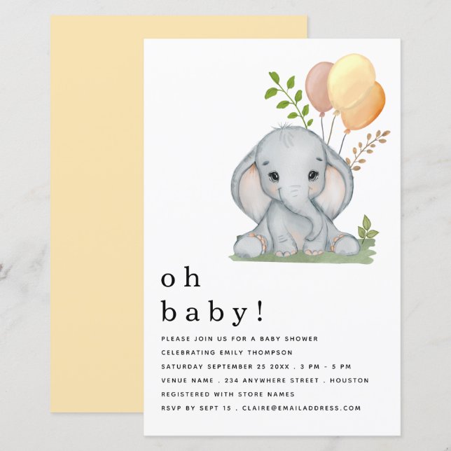 Budget Elephant Girl Boy Baby Shower Gult Inbjudan (Fram/baksida)
