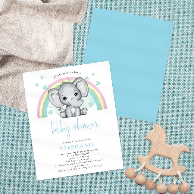 Budget Elephant Rainbow Blue Baby Shower Inbjudan (Skapare uppladdad)