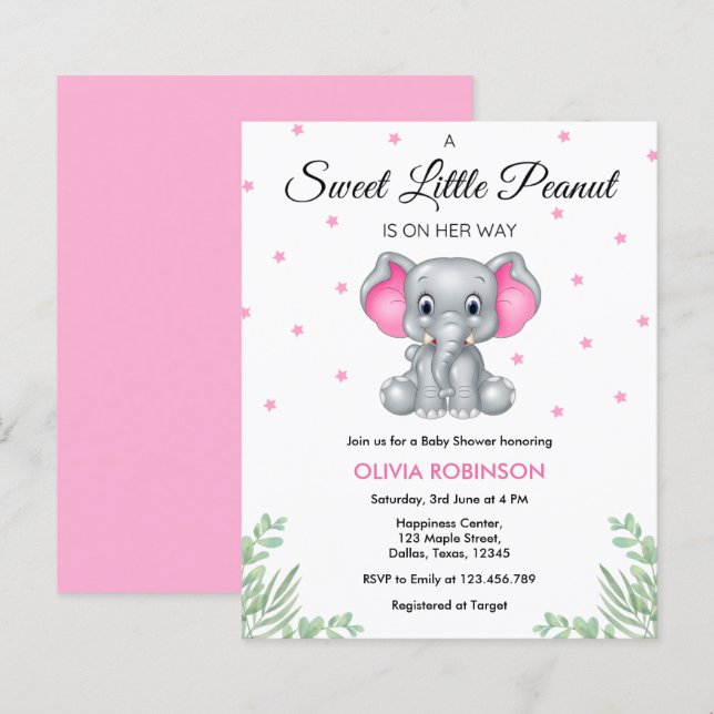 Budget Elephant Rosa Girl Baby Shower-inbjudan (Fram/baksida)