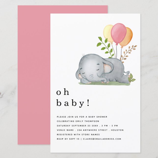 BUDGET Elephant Rosa Girl Baby Shower-inbjudan (Fram/baksida)