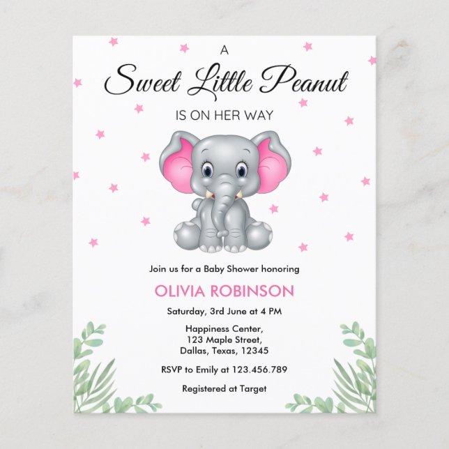 Budget Elephant Rosa Girl Baby Shower-inbjudan Flygblad (Framsidan)