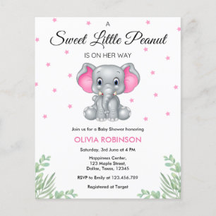 Budget Elephant Rosa Girl Baby Shower-inbjudan Flygblad