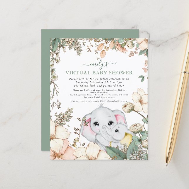 Budget Elephant Sage Virtuell Baby Shower Inbjudan (Fram/Back In Situ)