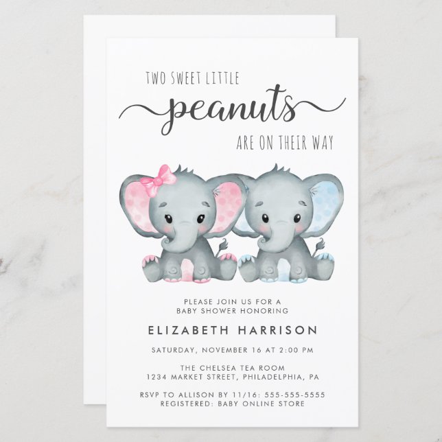 Budget Elephant Twin Boy Baby Shower Inbjudan (Fram/baksida)
