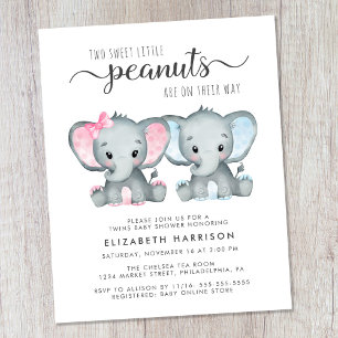 Budget Elephant Twin Boy Baby Shower Inbjudan