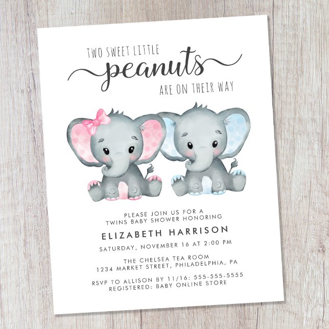 Budget Elephant Twin Boy Baby Shower Inbjudan (Skapare uppladdad)
