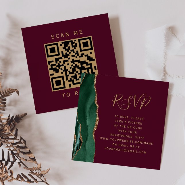 Budget Emerald Agate Burgundy Bröllop QR Code OSA Tilläggskort (Skapare uppladdad)