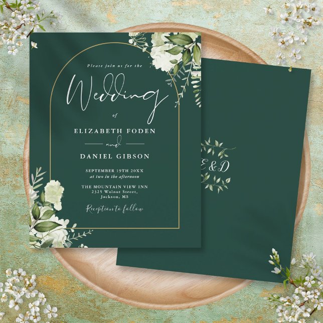 Budget Emerald Blommig Guld Båge Bröllopsinbjudan (Budget Emerald Floral Gold Arch Wedding Invite)