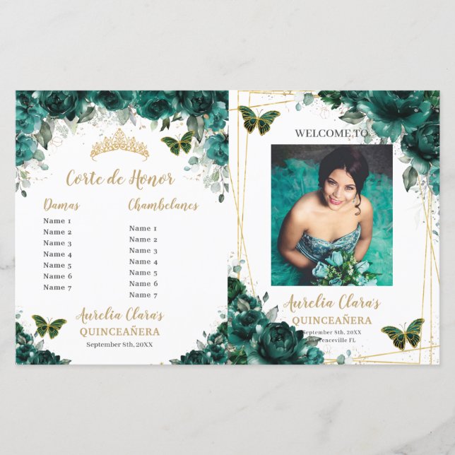 Budget Emerald Blommigt Quinceanera Photo Programs (Framsida)