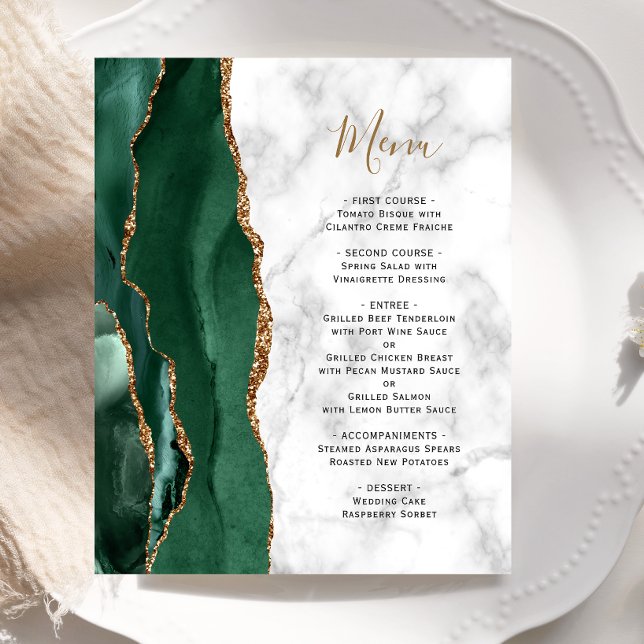 Budget Emerald Grönt Agate Marble Bröllop Menu (Skapare uppladdad)