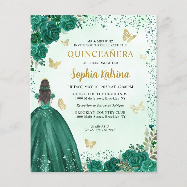 Budget Emerald Grönt Blommigt Princess Quinceanera (Framsida)