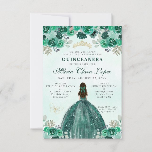 Budget Emerald Grönt Blommigt Princess Quinceañera Anteckningskort (Framsida)