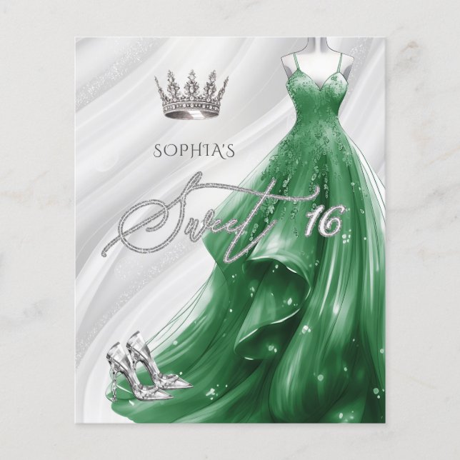 Budget Emerald Grönt Dress Sweet 16-inbjudan (Framsida)
