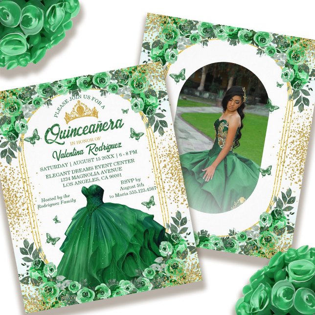 Budget Emerald Grönt Guld Blommigt Quinceanera Flygblad (Budget Emerald Green Gold Floral Quinceanera Flyer)