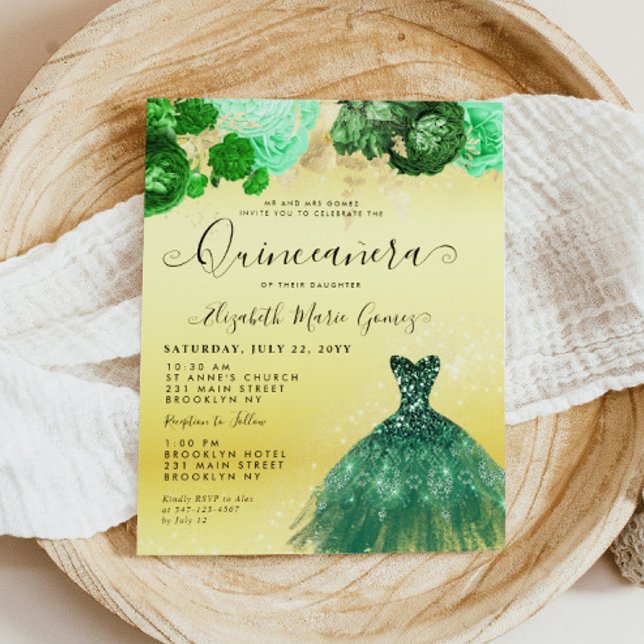 Budget Emerald Grönt Guld Dress Blommigt Quinceane (Budget Emerald Green Gold Dress Floral Quinceanera Birthday Invitation)