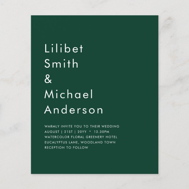 BUDGET Emerald Grönt Monochrome Bröllop Flygblad (Framsidan)