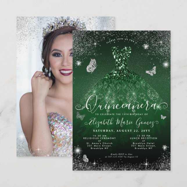 Budget Emerald Grönt Silver Glam Photo Quinceanera Anteckningskort (Fram/baksida)