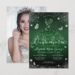 Budget Emerald Grönt Silver Glam Photo Quinceanera Anteckningskort