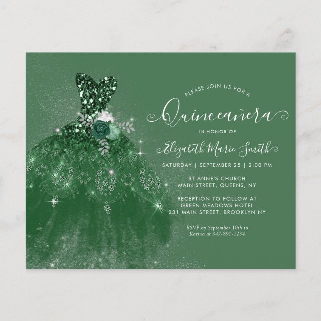 Budget Emerald Grönt Silver Glitter Quinceanera (Framsida)