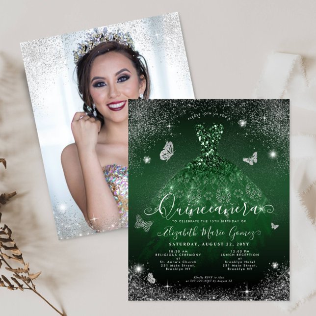 Budget Emerald Grönt Silver Gown Photo Quinceanera (Skapare uppladdad)