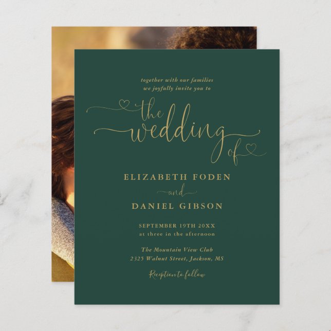 Budget Emerald Guld Script Photo Wedding-inbjudan (Fram/baksida)